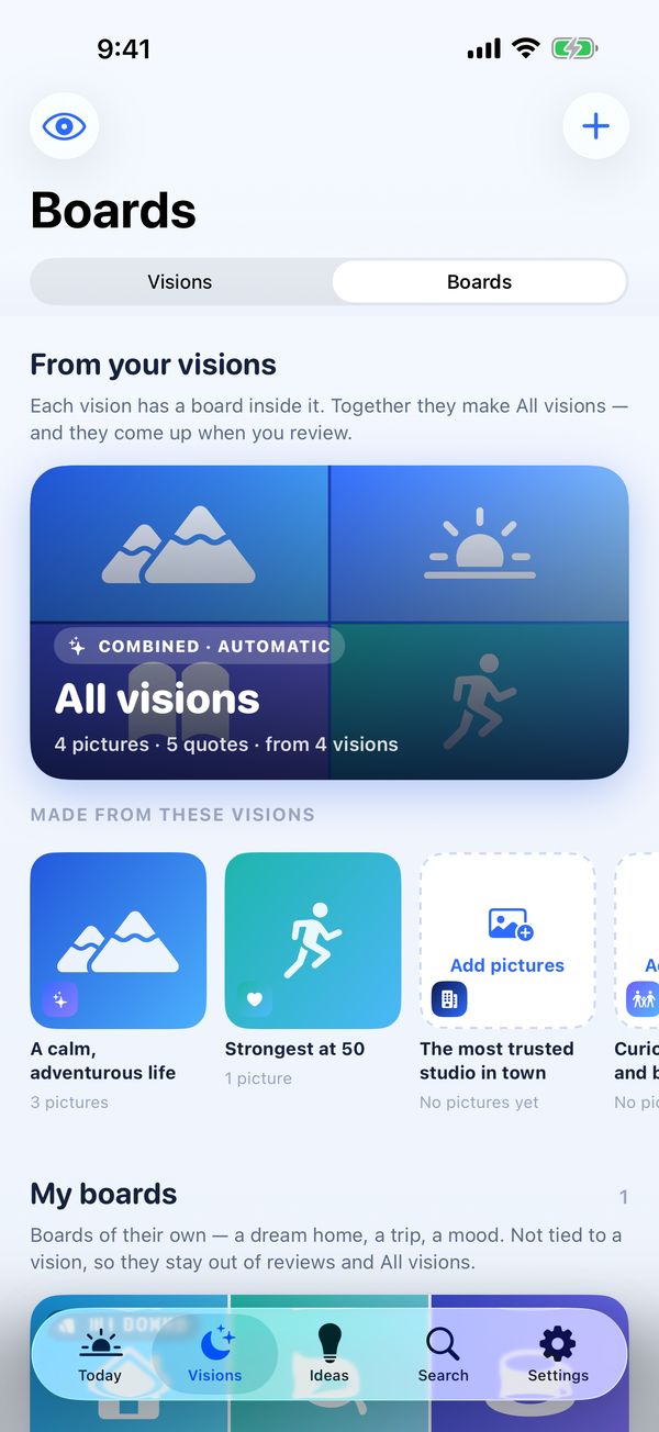 Dreamly's Boards screen: every vision's board, the combined All visions board, and boards of your own
